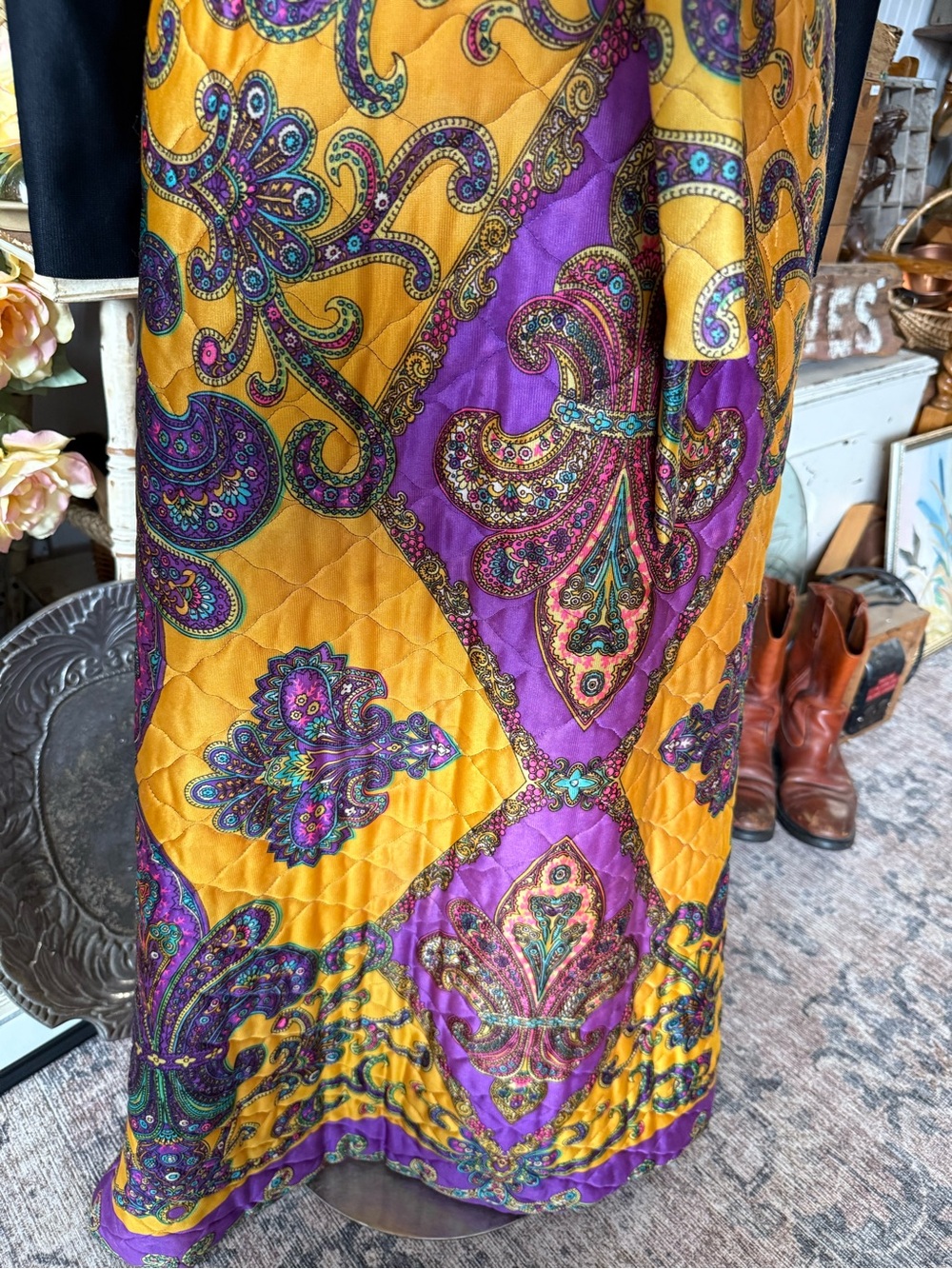 1960s Yellow & Purple Paisley Quilted Maxi Dress with Tie - Picture 4 of 6